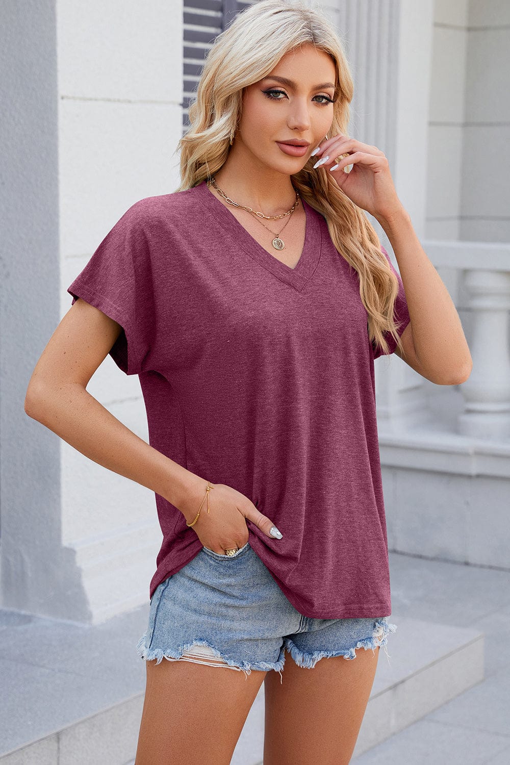 Trendsi Red-Violet / S V-Neck Short Sleeve T-Shirt V-Neck Short Sleeve T-Shirt