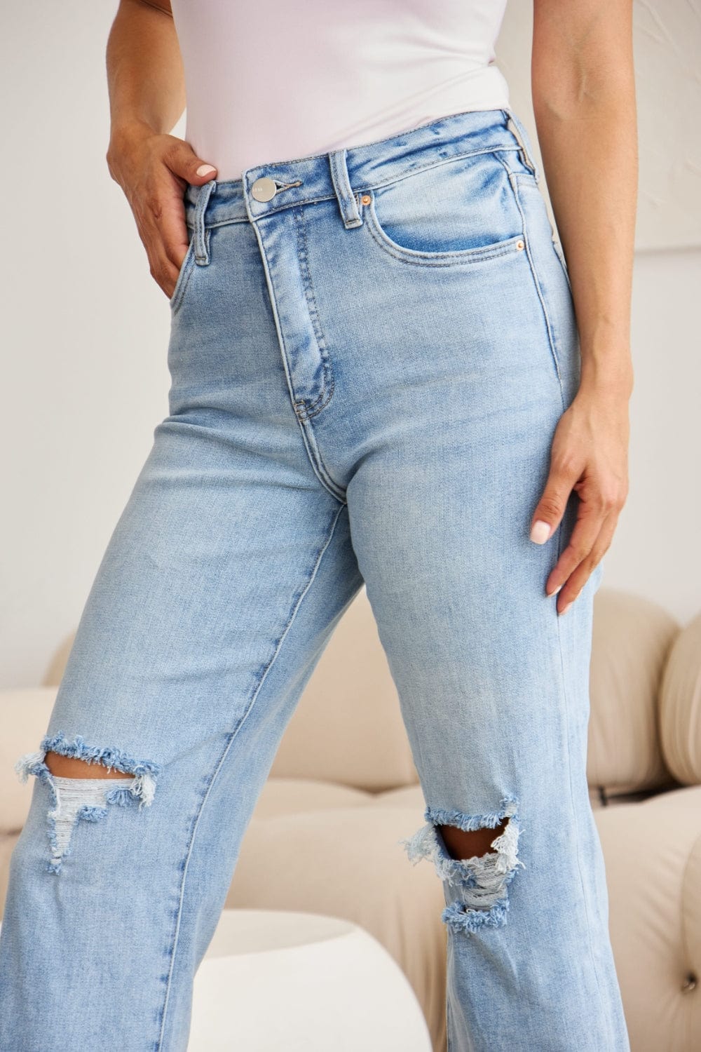 Trendsi RFM Full Size Tummy Control High Waist Raw Hem Distressed Jeans RFM Full Size Tummy Control High Waist Raw Hem Distressed Jeans