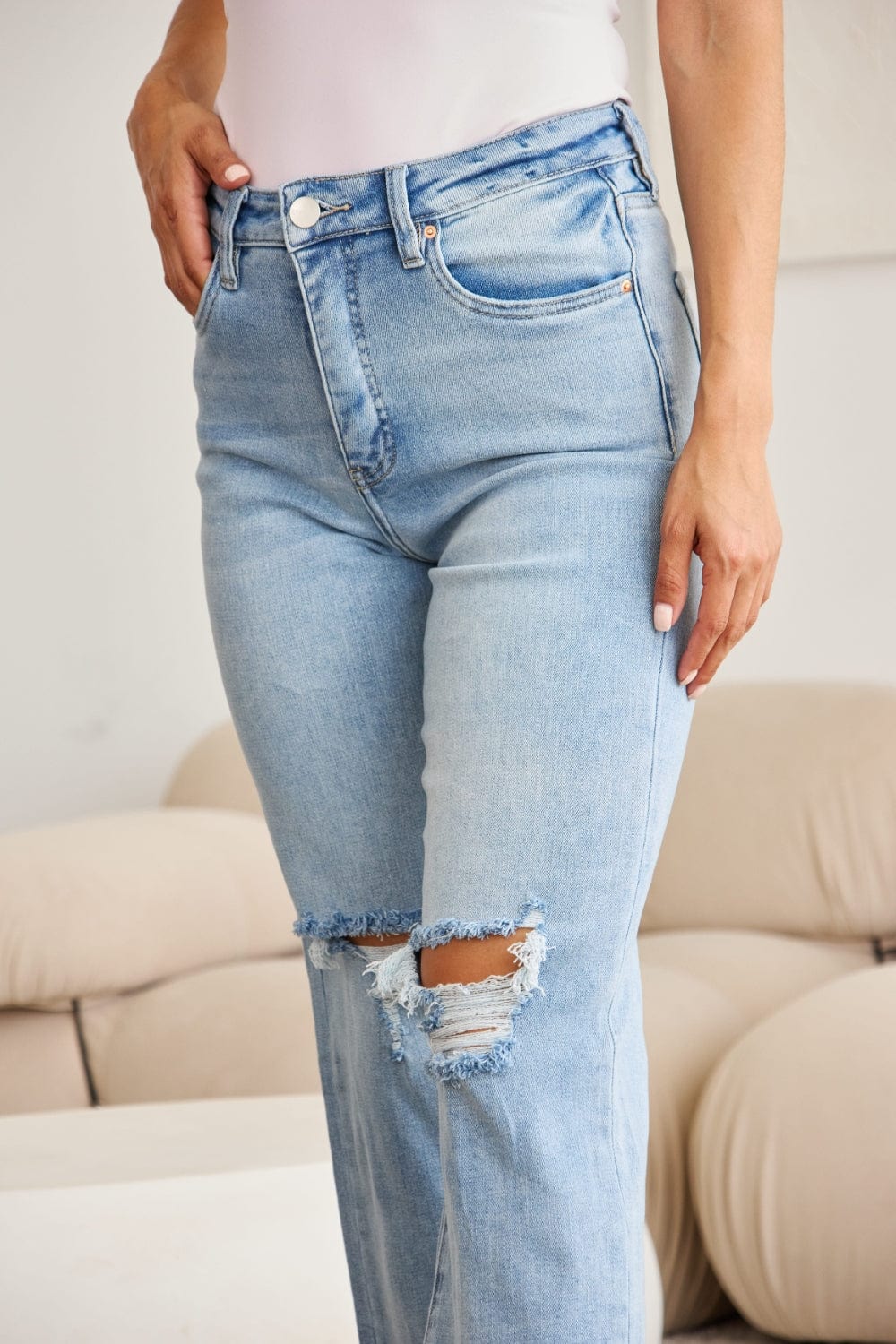 Trendsi RFM Full Size Tummy Control High Waist Raw Hem Distressed Jeans RFM Full Size Tummy Control High Waist Raw Hem Distressed Jeans