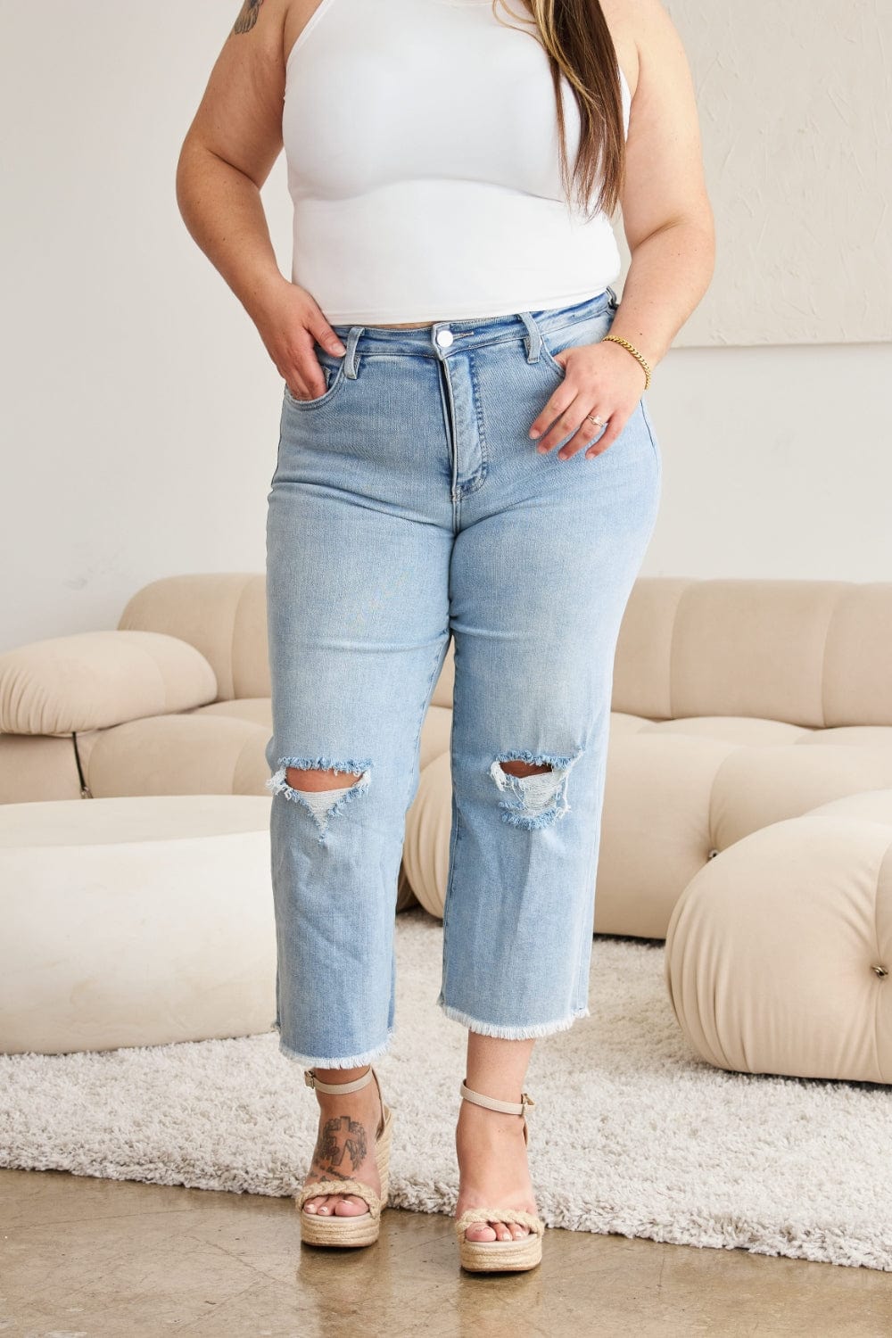 Trendsi RFM Full Size Tummy Control High Waist Raw Hem Distressed Jeans RFM Full Size Tummy Control High Waist Raw Hem Distressed Jeans