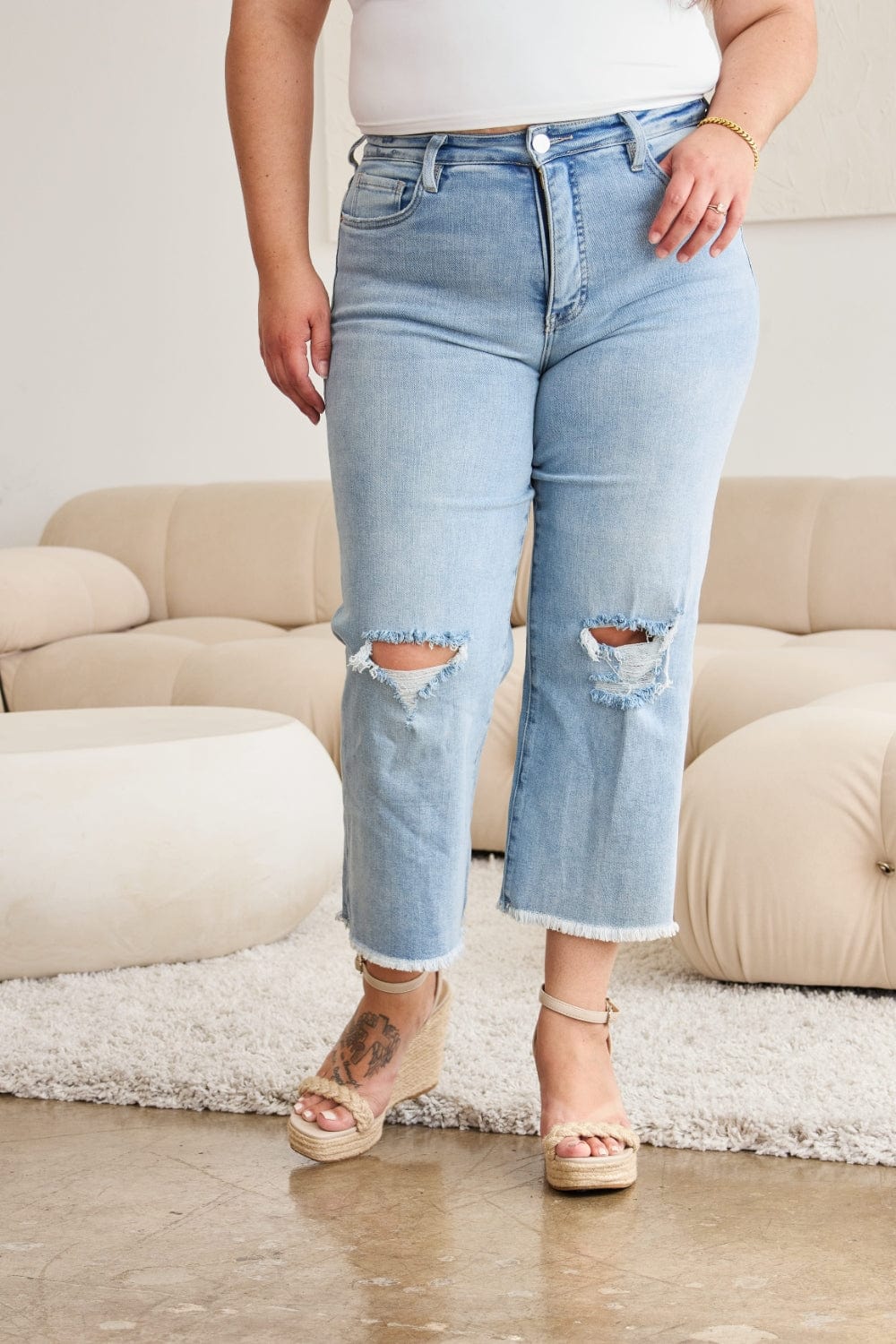 Trendsi RFM Full Size Tummy Control High Waist Raw Hem Distressed Jeans RFM Full Size Tummy Control High Waist Raw Hem Distressed Jeans