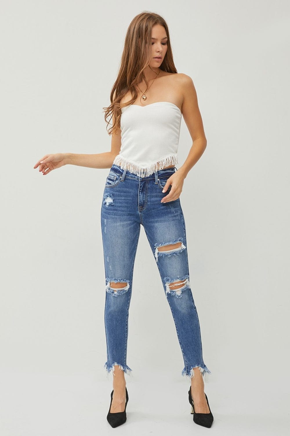 Trendsi RISEN Distressed Frayed Hem Slim Jeans RISEN Distressed Frayed Hem Slim Jeans