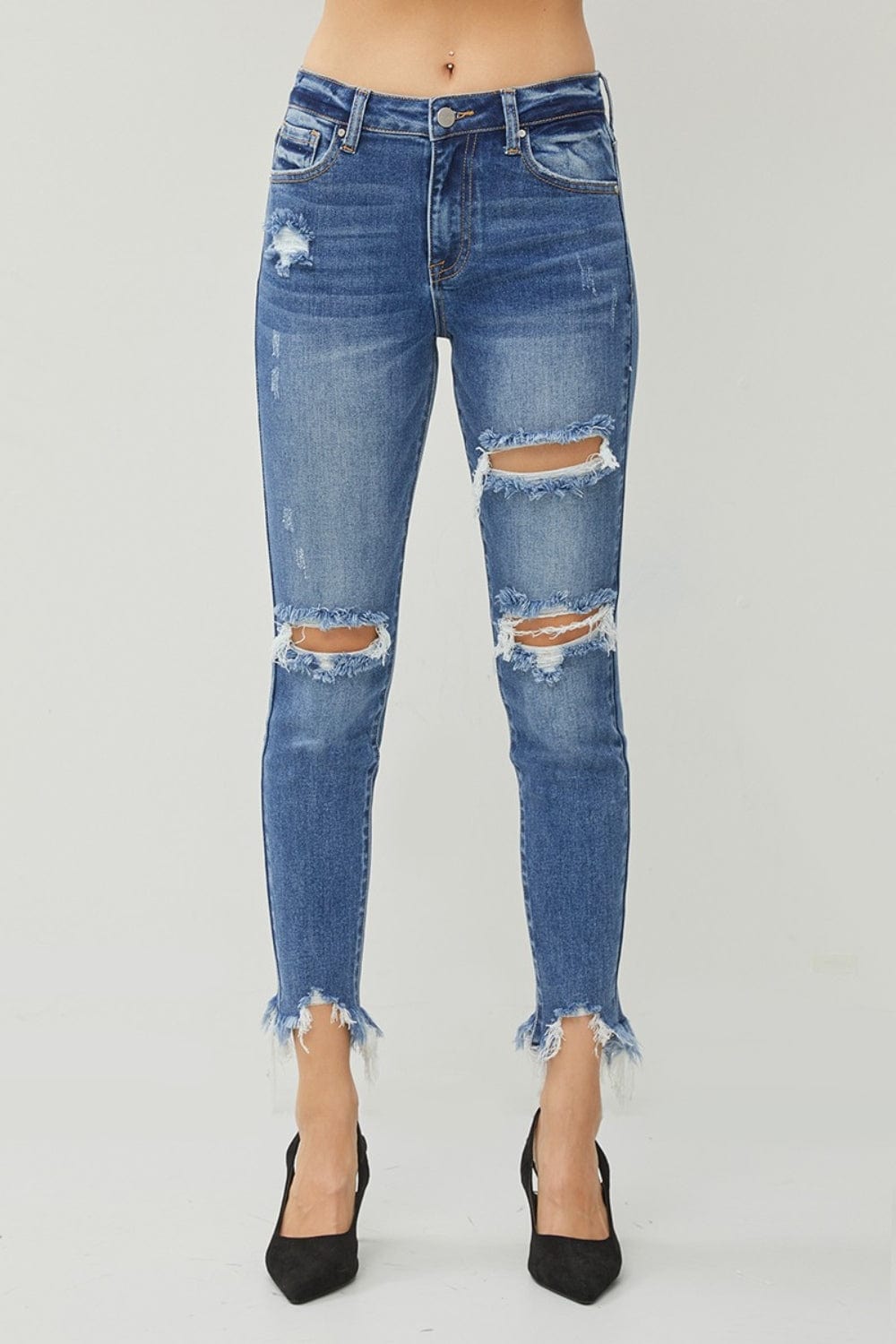Trendsi RISEN Distressed Frayed Hem Slim Jeans RISEN Distressed Frayed Hem Slim Jeans