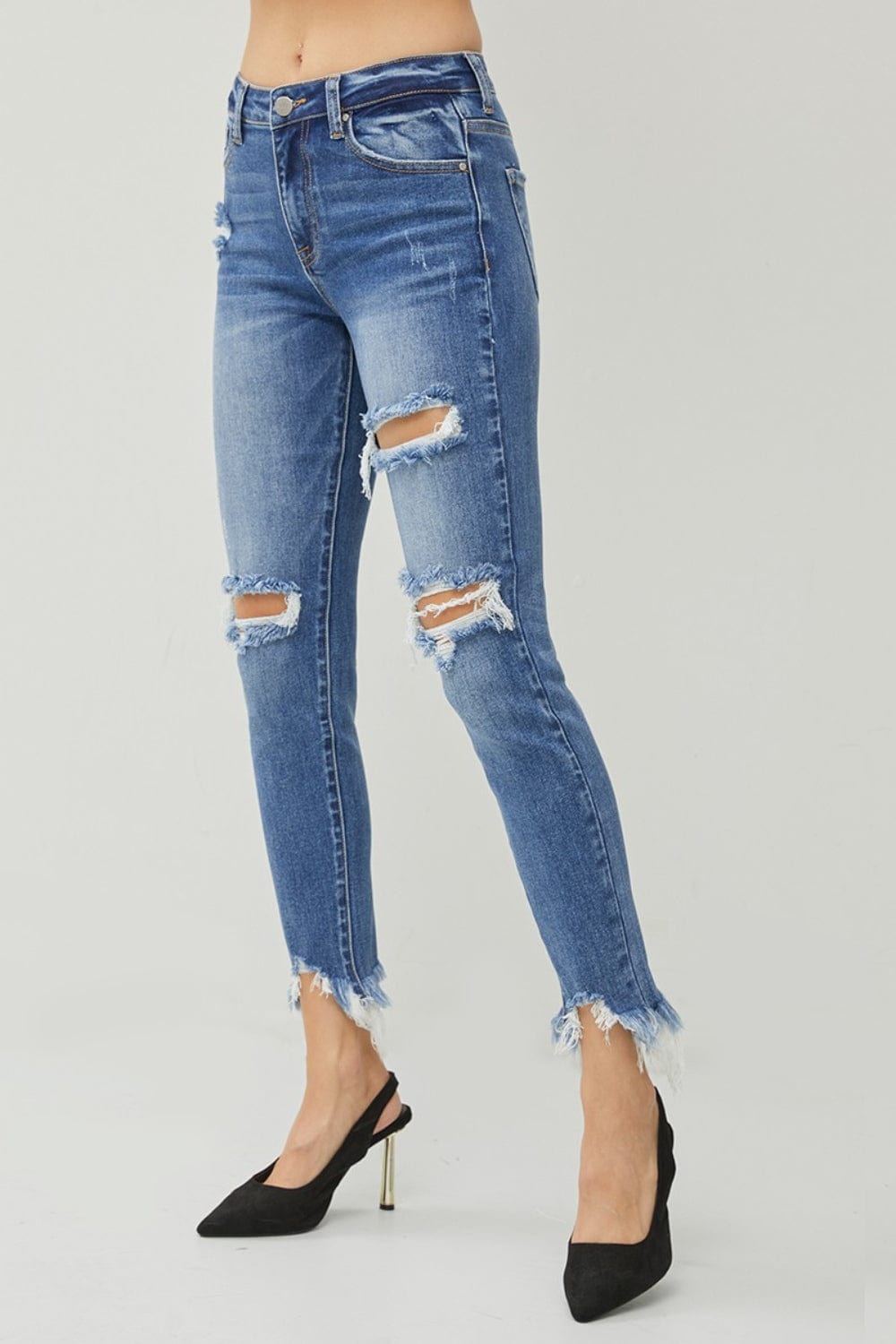 Trendsi RISEN Distressed Frayed Hem Slim Jeans RISEN Distressed Frayed Hem Slim Jeans