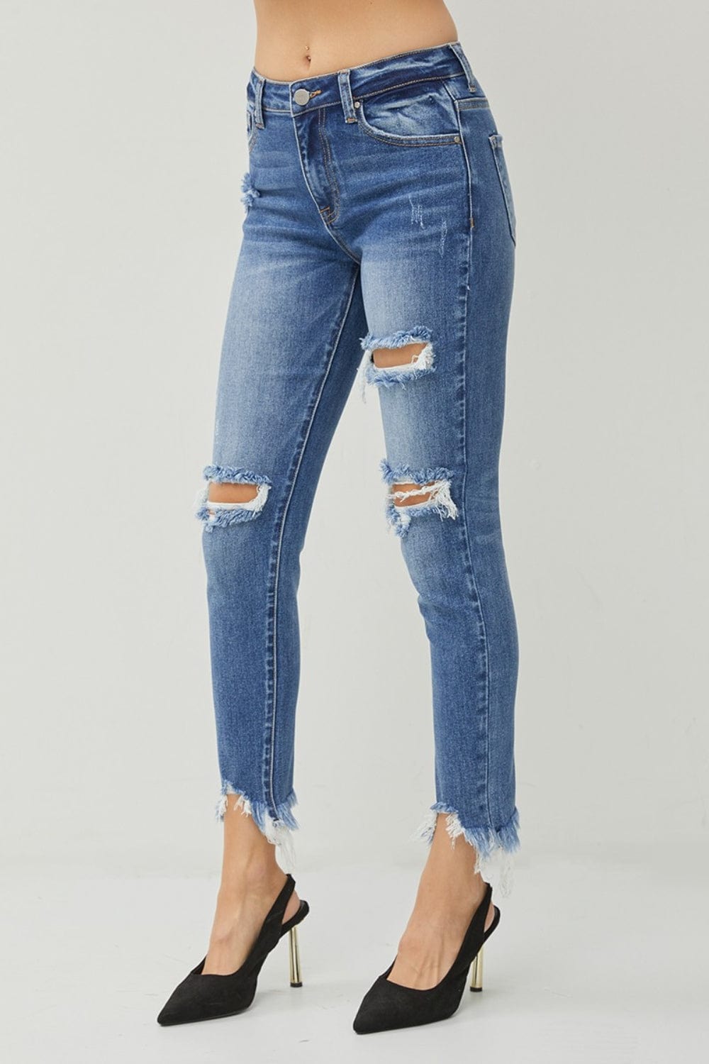Trendsi RISEN Distressed Frayed Hem Slim Jeans RISEN Distressed Frayed Hem Slim Jeans