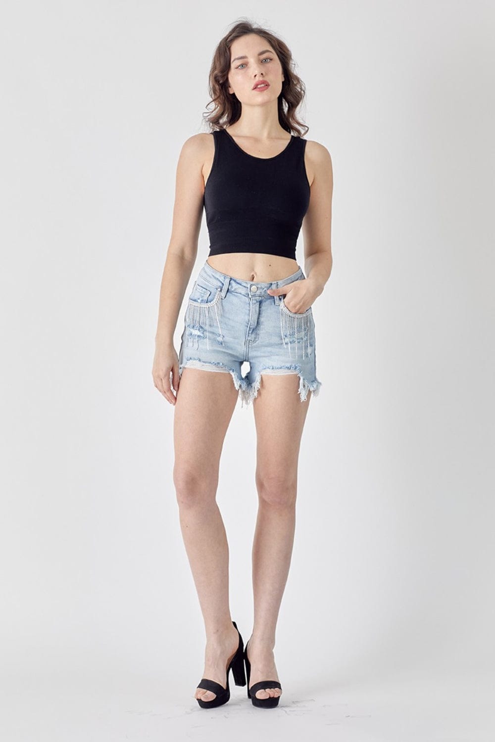 Trendsi RISEN Frayed Hem Denim Shorts with Fringe Detail Pockets RISEN Frayed Hem Denim Shorts with Fringe Detail Pockets