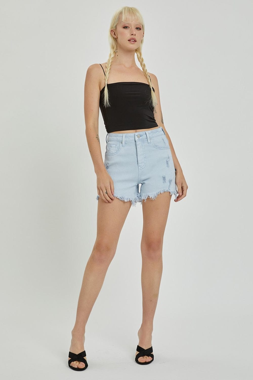 Trendsi RISEN Full Size High Rise Distressed Detail Denim Shorts RISEN Full Size High Rise Distressed Detail Denim Shorts
