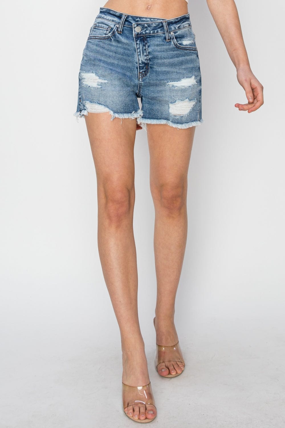 Trendsi RISEN Stepped Waist Frayed Denim Shorts RISEN Stepped Waist Frayed Denim Shorts
