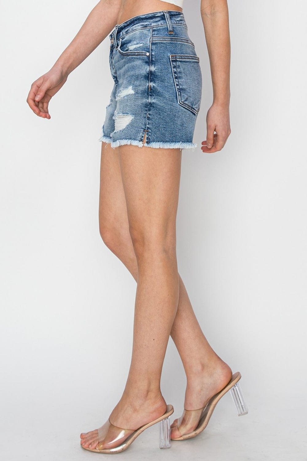 Trendsi RISEN Stepped Waist Frayed Denim Shorts RISEN Stepped Waist Frayed Denim Shorts