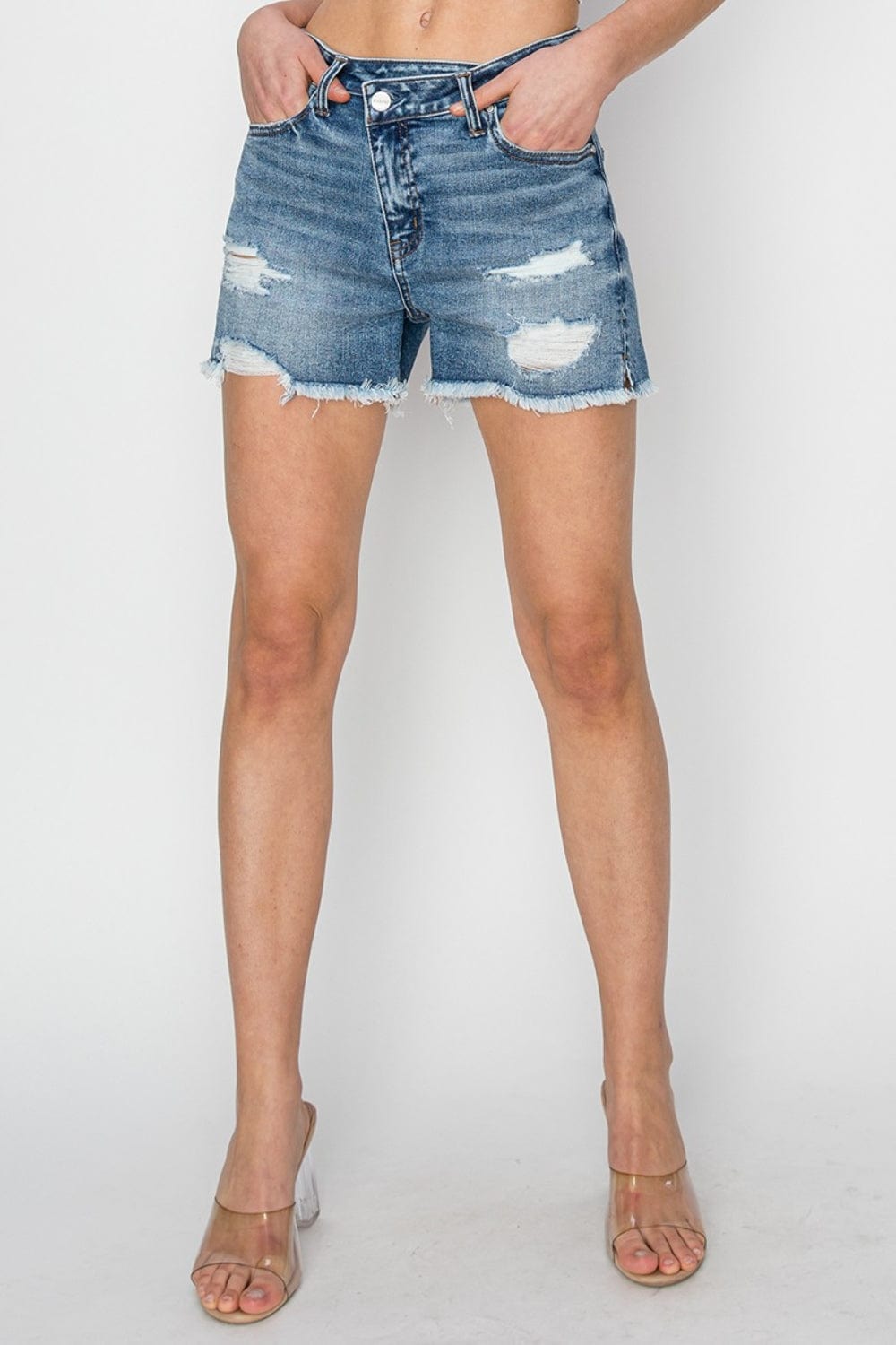 Trendsi RISEN Stepped Waist Frayed Denim Shorts RISEN Stepped Waist Frayed Denim Shorts