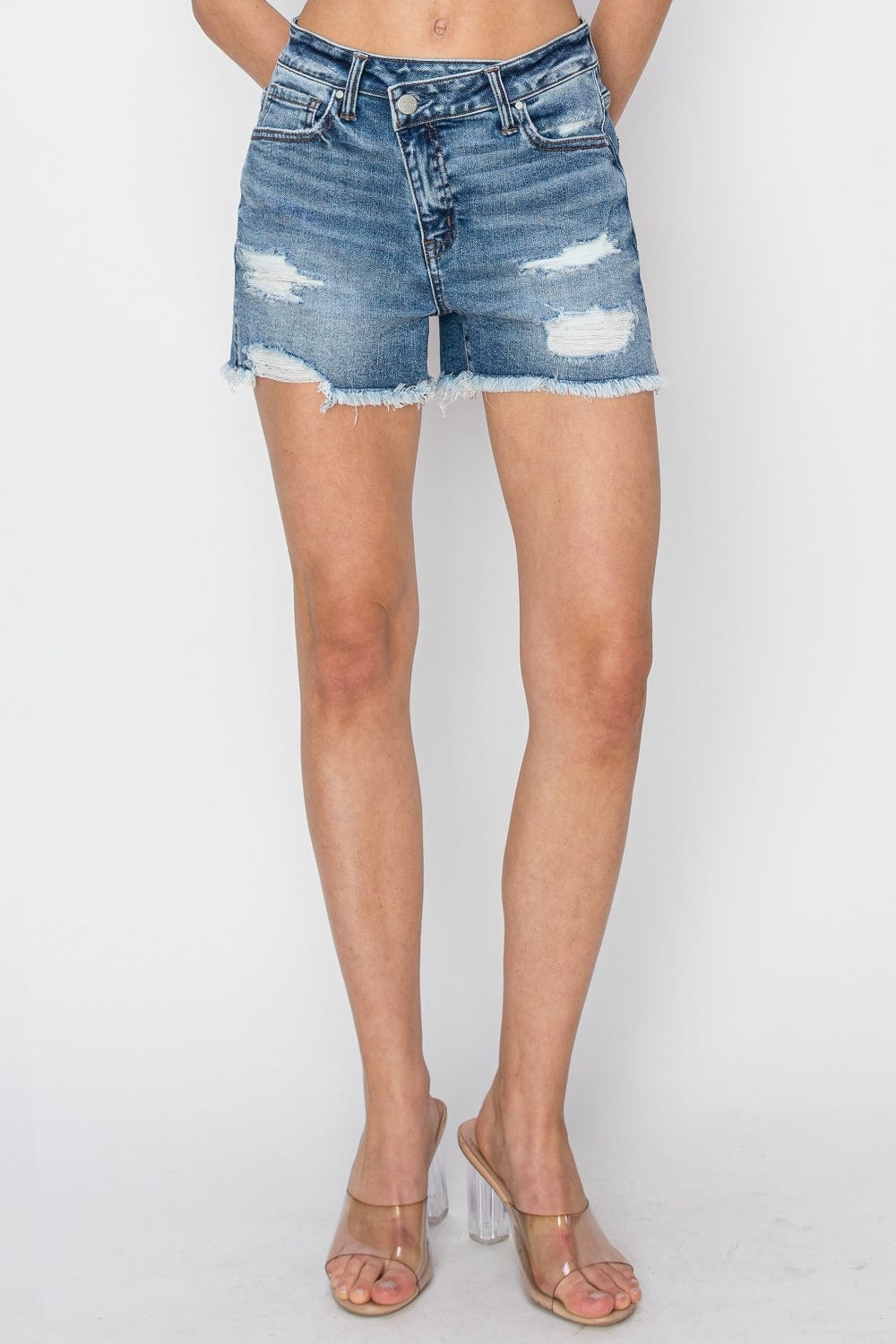 Trendsi RISEN Stepped Waist Frayed Denim Shorts RISEN Stepped Waist Frayed Denim Shorts