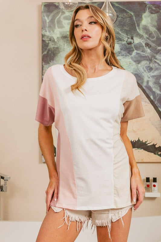 Trendsi Rose/Blush/Ivo/Oys / S BiBi Color Block Short Sleeve T-Shirt BiBi Color Block Short Sleeve T-Shirt