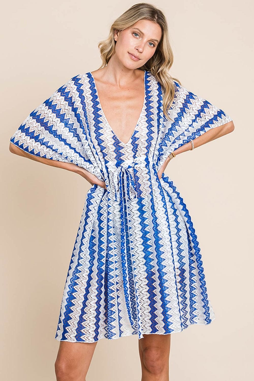 Trendsi Royal Blue / S Cotton Bleu by Nu Lab Tied Striped Plunge Half Sleeve Cover-Up Cotton Bleu by Nu Lab Tied Striped Plunge Half Sleeve Cover-Up
