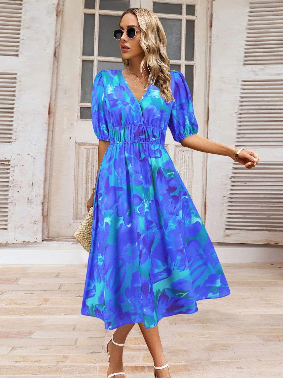 Trendsi Royal  Blue / S Ruched Printed Surplice Short Sleeve Dress Ruched Printed Surplice Short Sleeve Dress