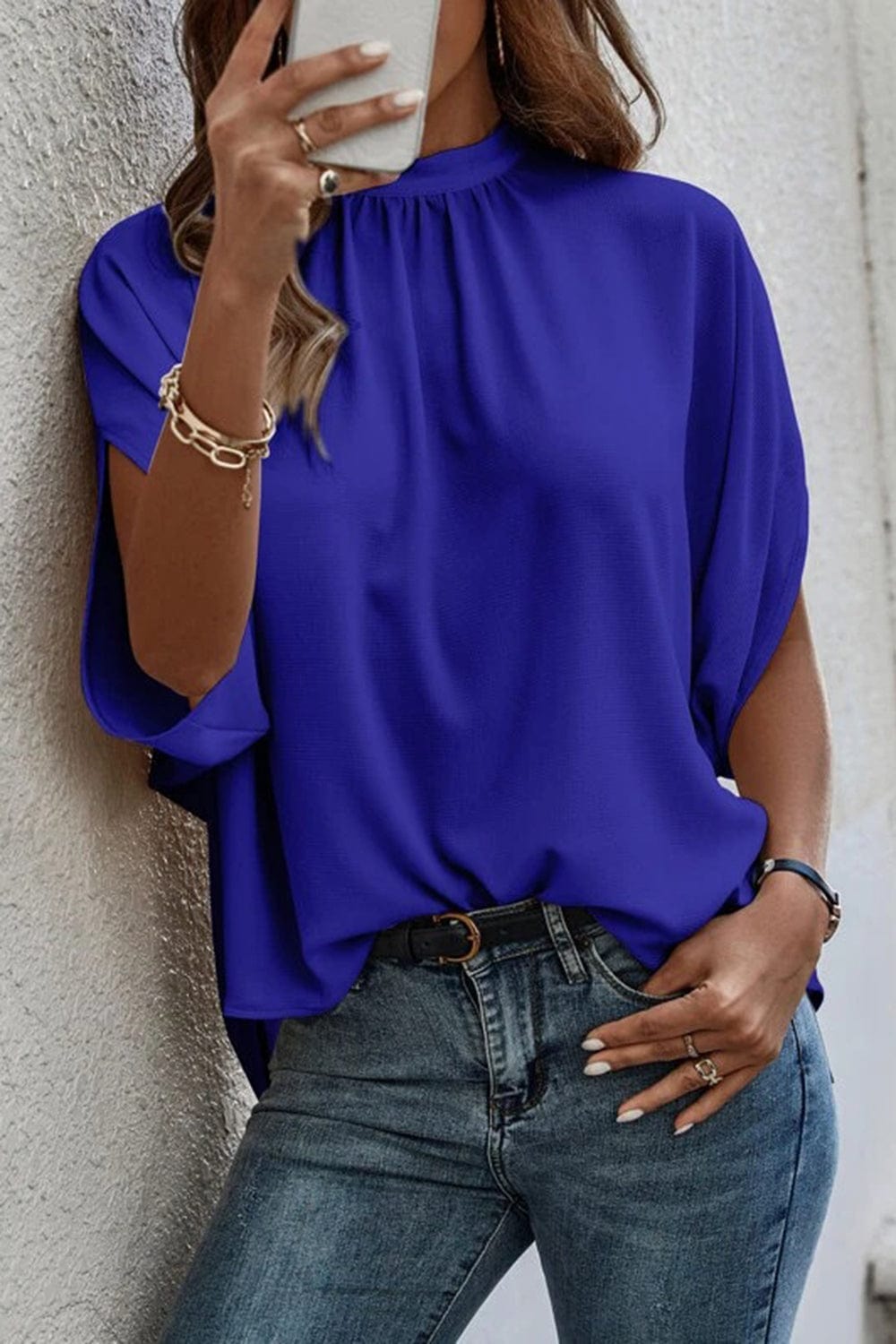 Trendsi Royal Blue / S Tie Back Slit Half Sleeve Blouse Tie Back Slit Half Sleeve Blouse