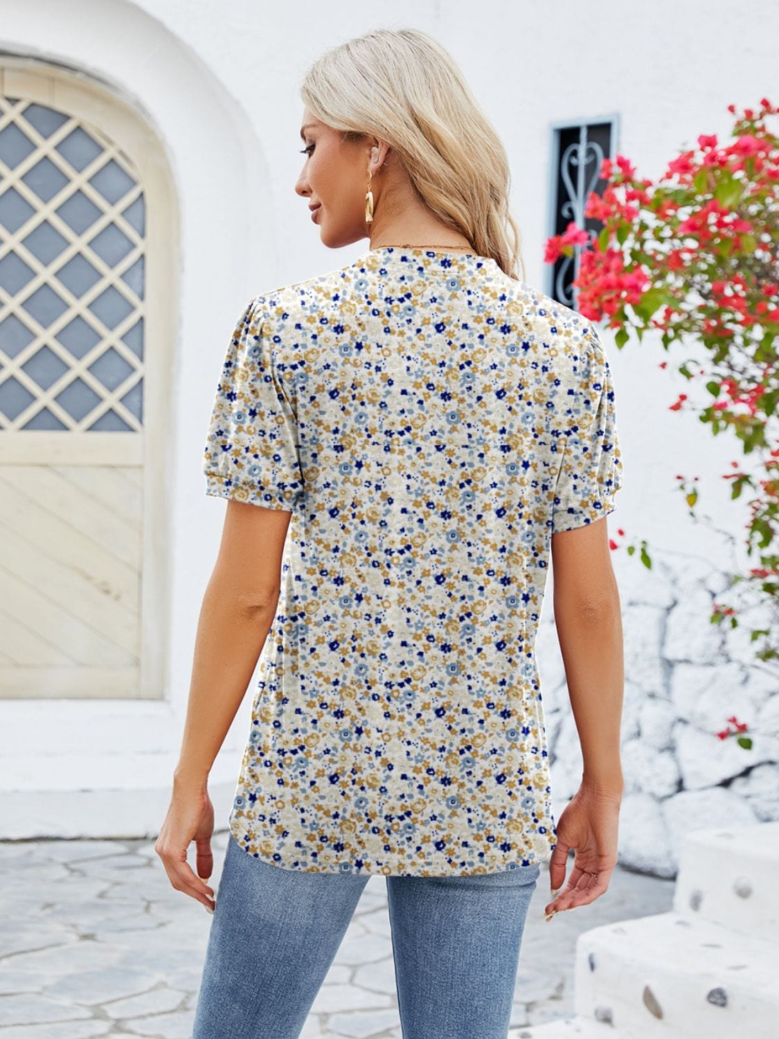 Trendsi Ruched Printed Notched Short Sleeve Blouse Ruched Printed Notched Short Sleeve Blouse