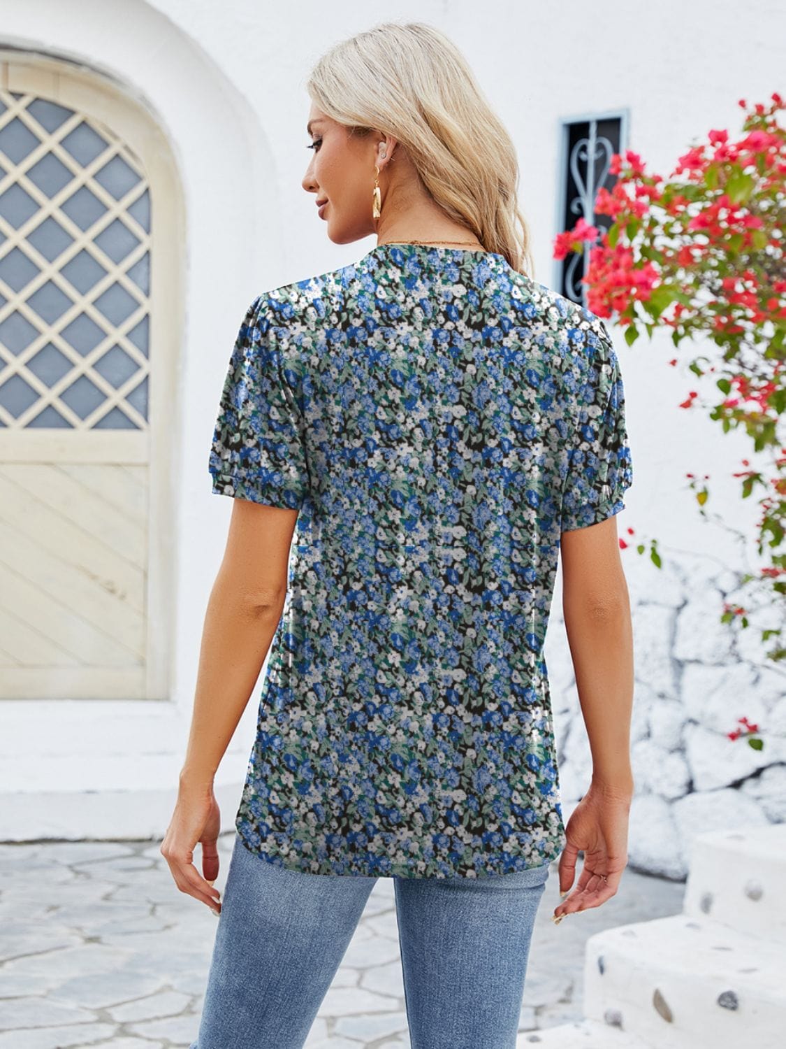 Trendsi Ruched Printed Notched Short Sleeve Blouse Ruched Printed Notched Short Sleeve Blouse