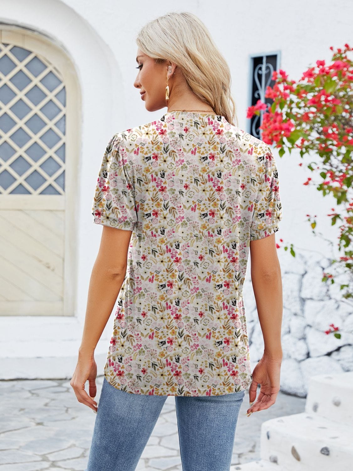Trendsi Ruched Printed Notched Short Sleeve Blouse Ruched Printed Notched Short Sleeve Blouse