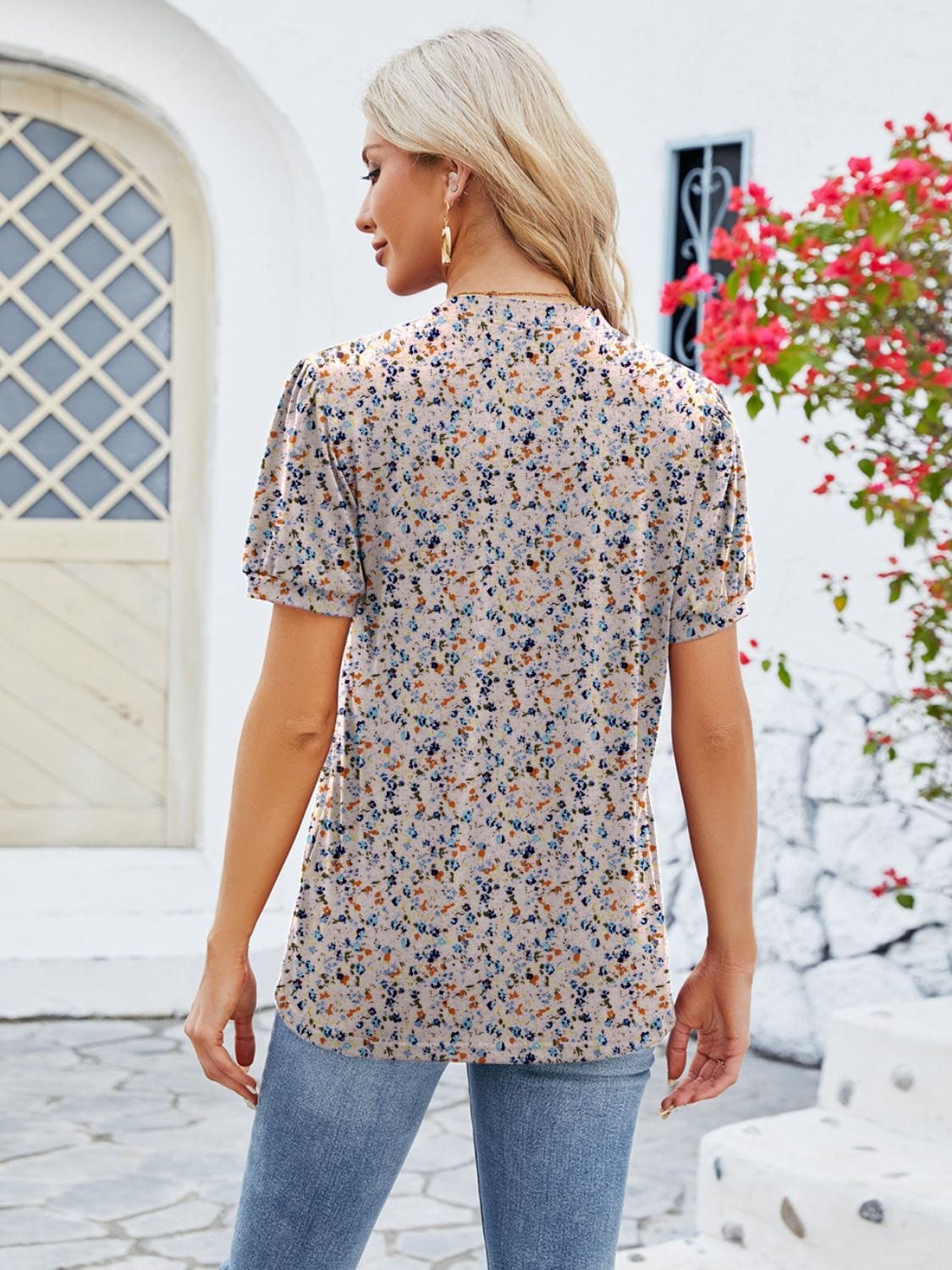 Trendsi Ruched Printed Notched Short Sleeve Blouse Ruched Printed Notched Short Sleeve Blouse