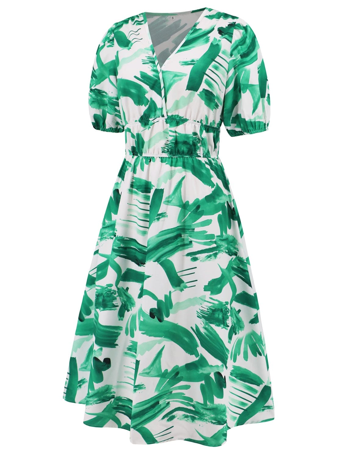 Trendsi Ruched Printed Surplice Short Sleeve Dress Ruched Printed Surplice Short Sleeve Dress