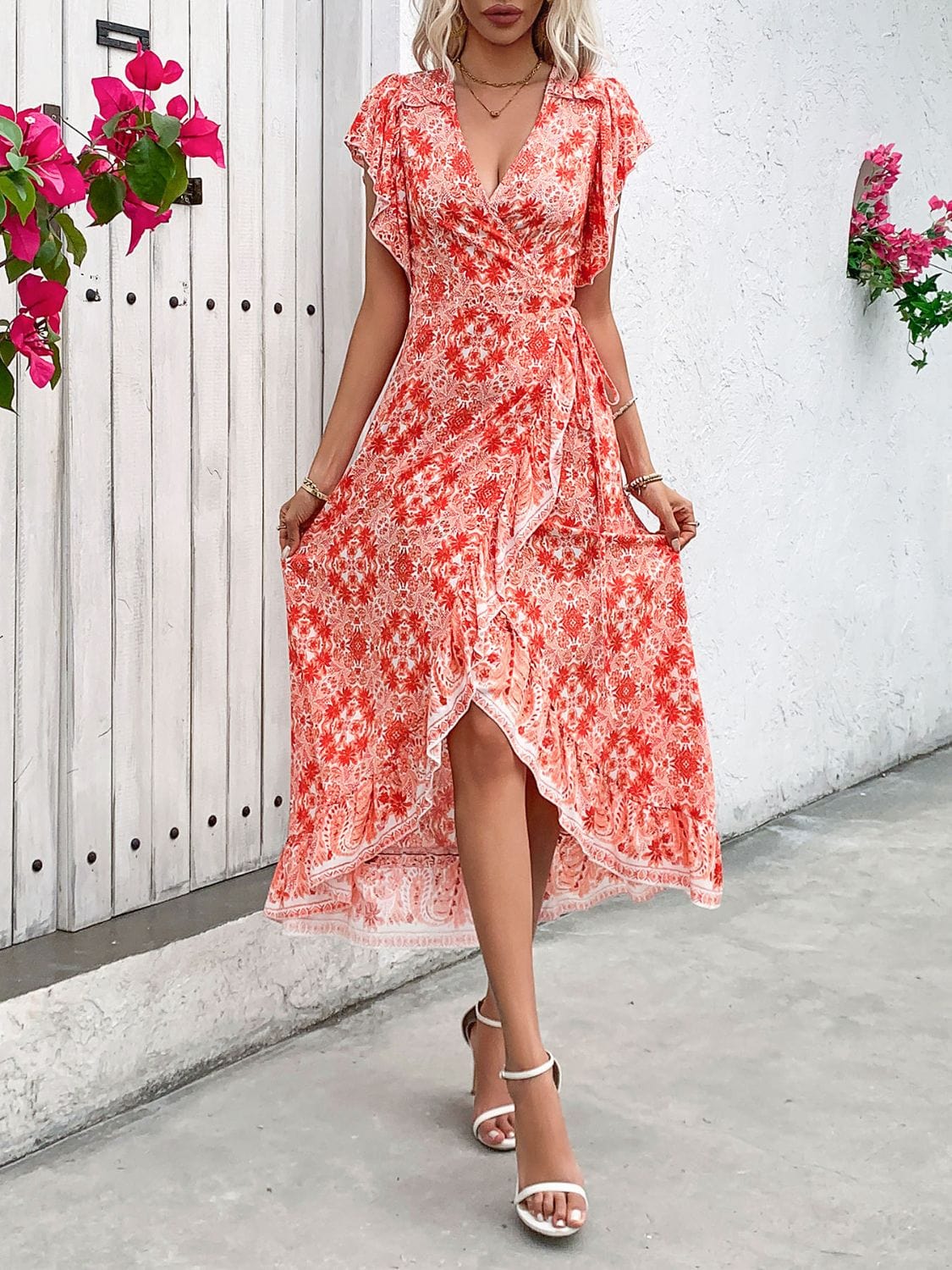 Trendsi Ruffled High-Low Printed Short Sleeve Midi Dress Ruffled High-Low Printed Short Sleeve Midi Dress