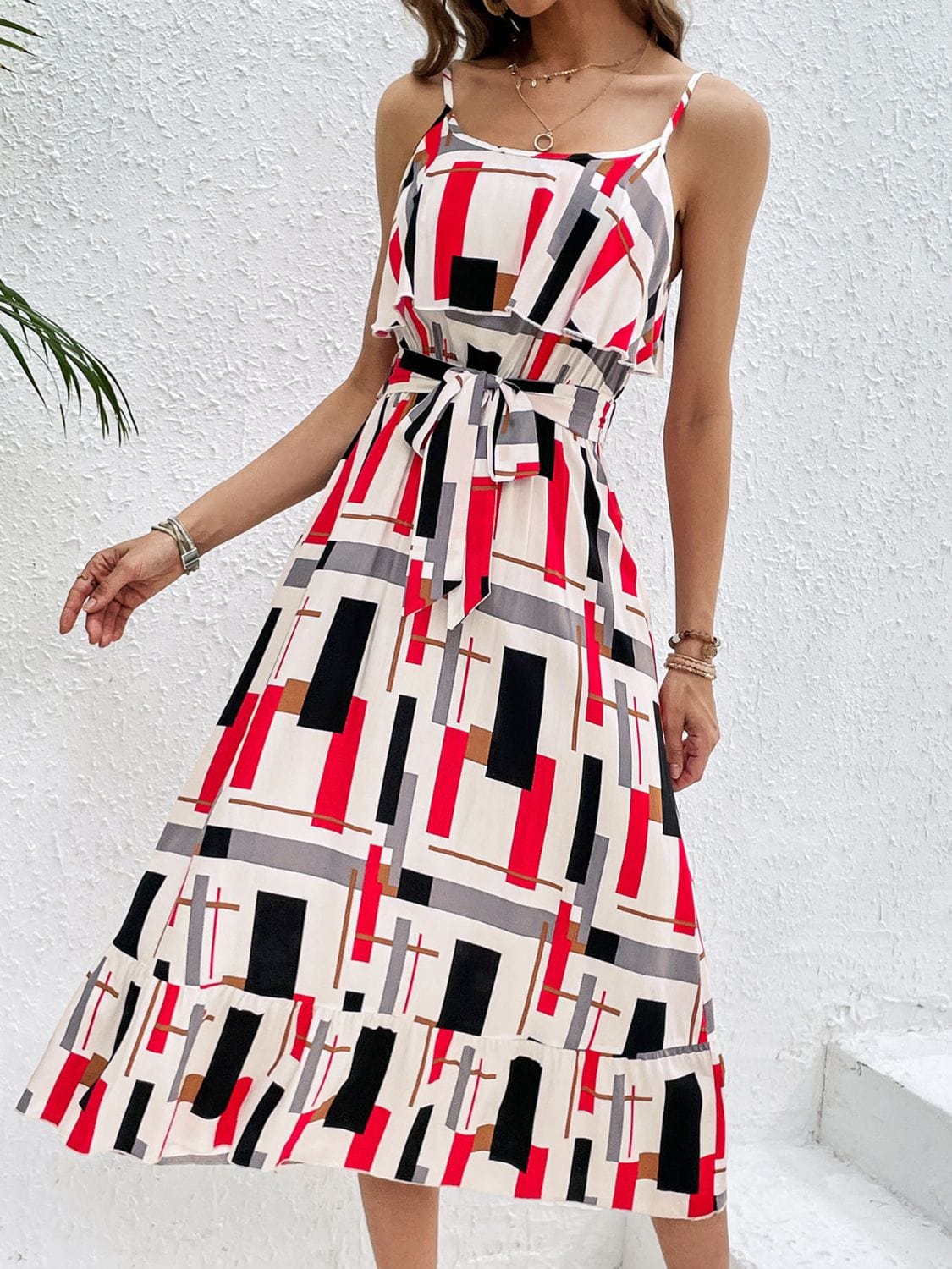 Trendsi Ruffled Printed Tie Waist Midi Dress Ruffled Printed Tie Waist Midi Dress
