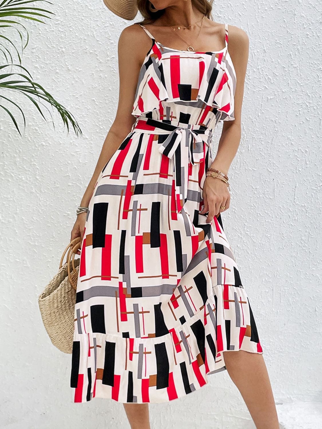 Trendsi Ruffled Printed Tie Waist Midi Dress Ruffled Printed Tie Waist Midi Dress