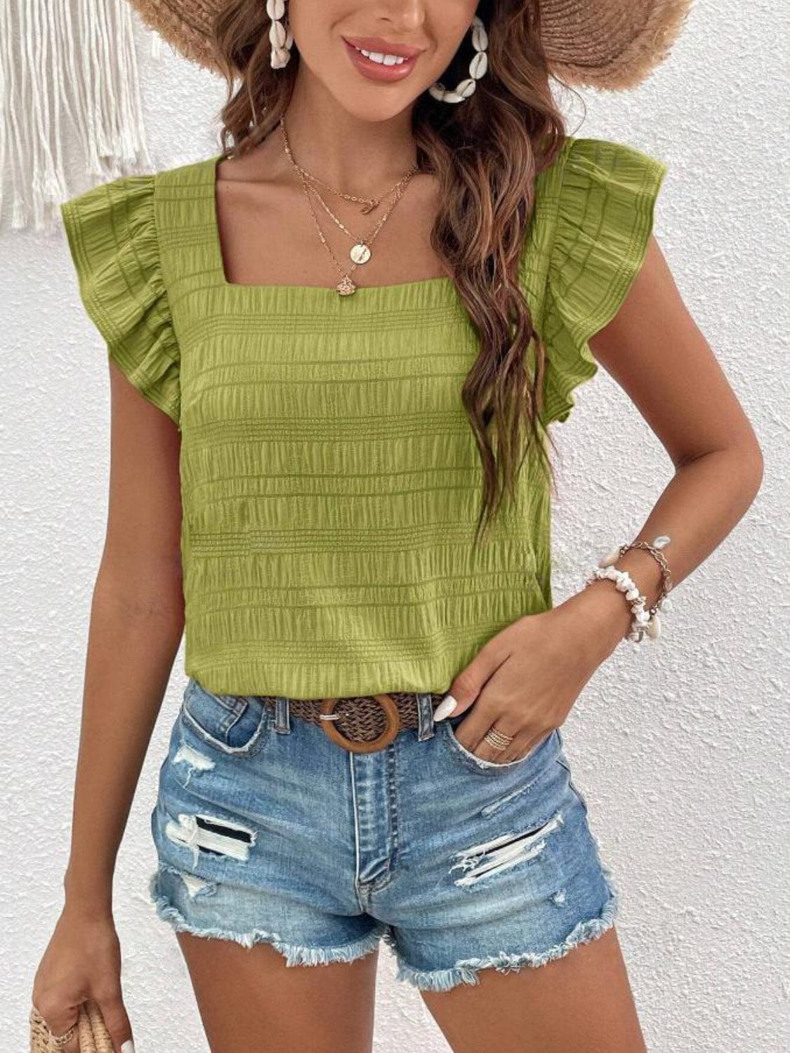 Trendsi Ruffled Square Neck Cap Sleeve Blouse Ruffled Square Neck Cap Sleeve Blouse