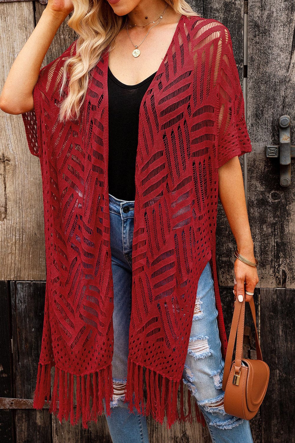 Trendsi Rust / One Size Openwork Open Front Cardigan with Fringes Openwork Open Front Cardigan with Fringes