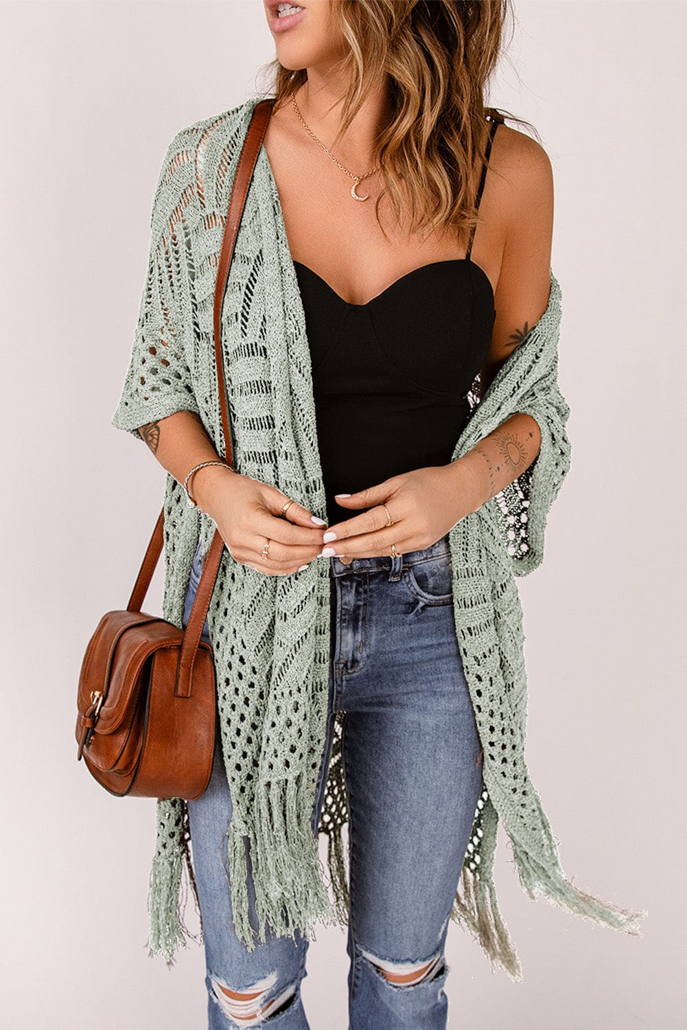 Trendsi Sage / One Size Openwork Open Front Cardigan with Fringes Openwork Open Front Cardigan with Fringes