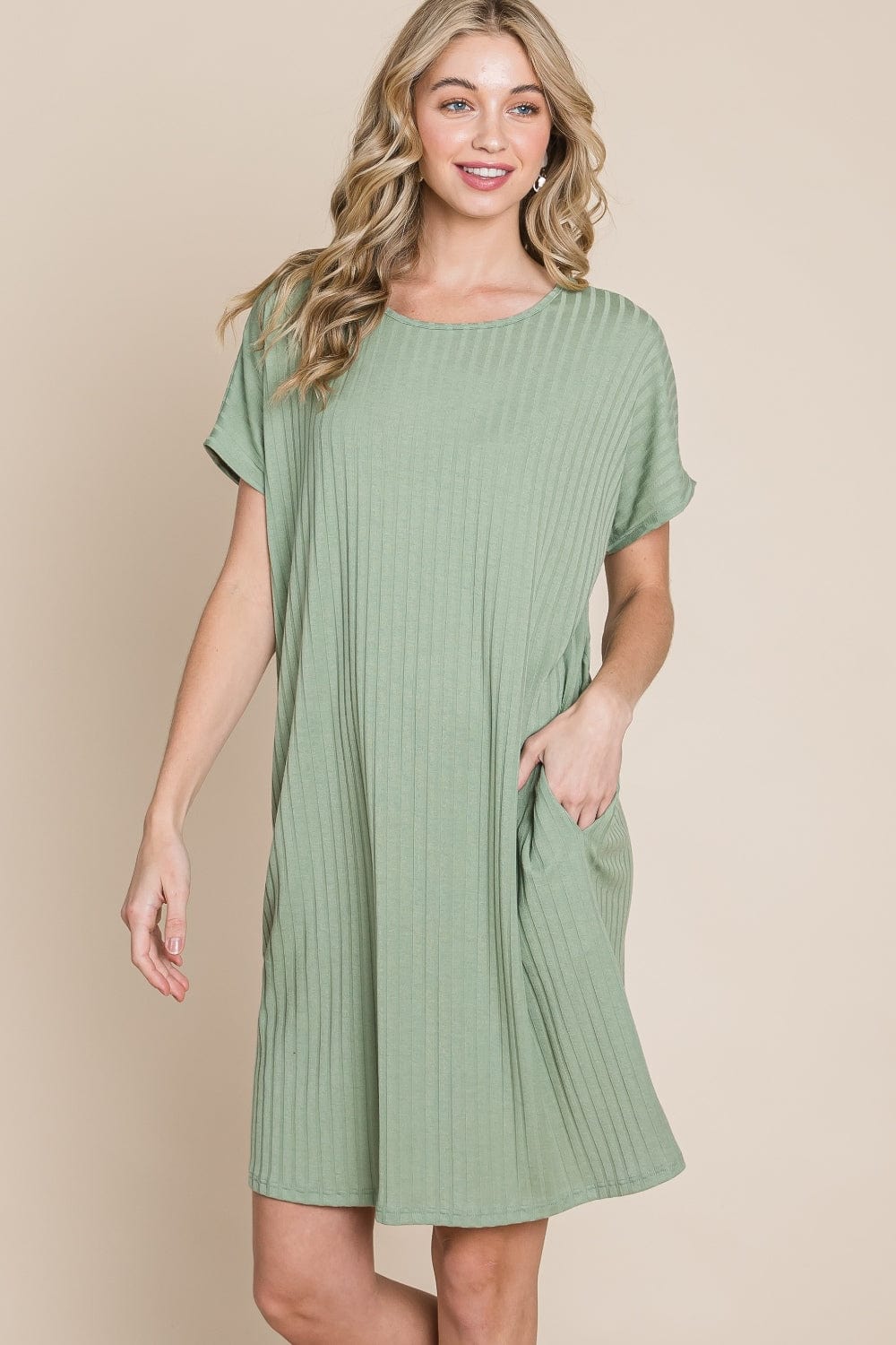 Trendsi Sage / S BOMBOM Ribbed Round Neck Short Sleeve Dress BOMBOM Ribbed Round Neck Short Sleeve Dress