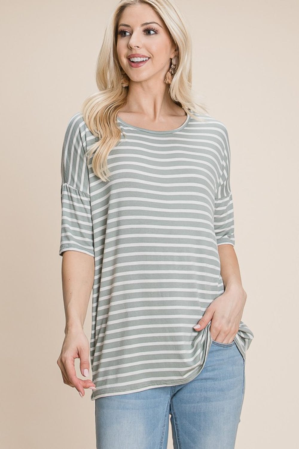 Trendsi Sage / S BOMBOM Striped Round Neck T-Shirt BOMBOM Striped Round Neck T-Shirt