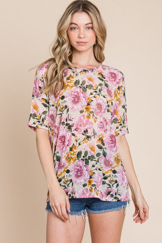 Trendsi Sand / S BOMBOM Floral Round Neck T-Shirt BOMBOM Floral Round Neck T-Shirt