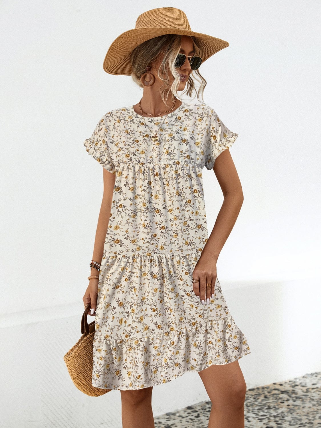 Trendsi Sand / S Frill Floral Round Neck Short Sleeve Tiered Dress Frill Floral Round Neck Short Sleeve Tiered Dress