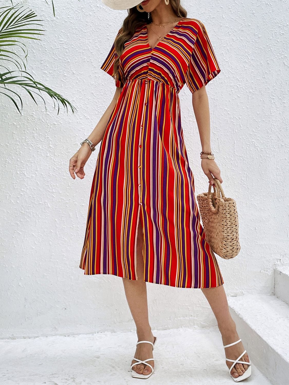 Trendsi Scarlet / S Slit Striped V-Neck Short Sleeve Midi Dress Slit Striped V-Neck Short Sleeve Midi Dress