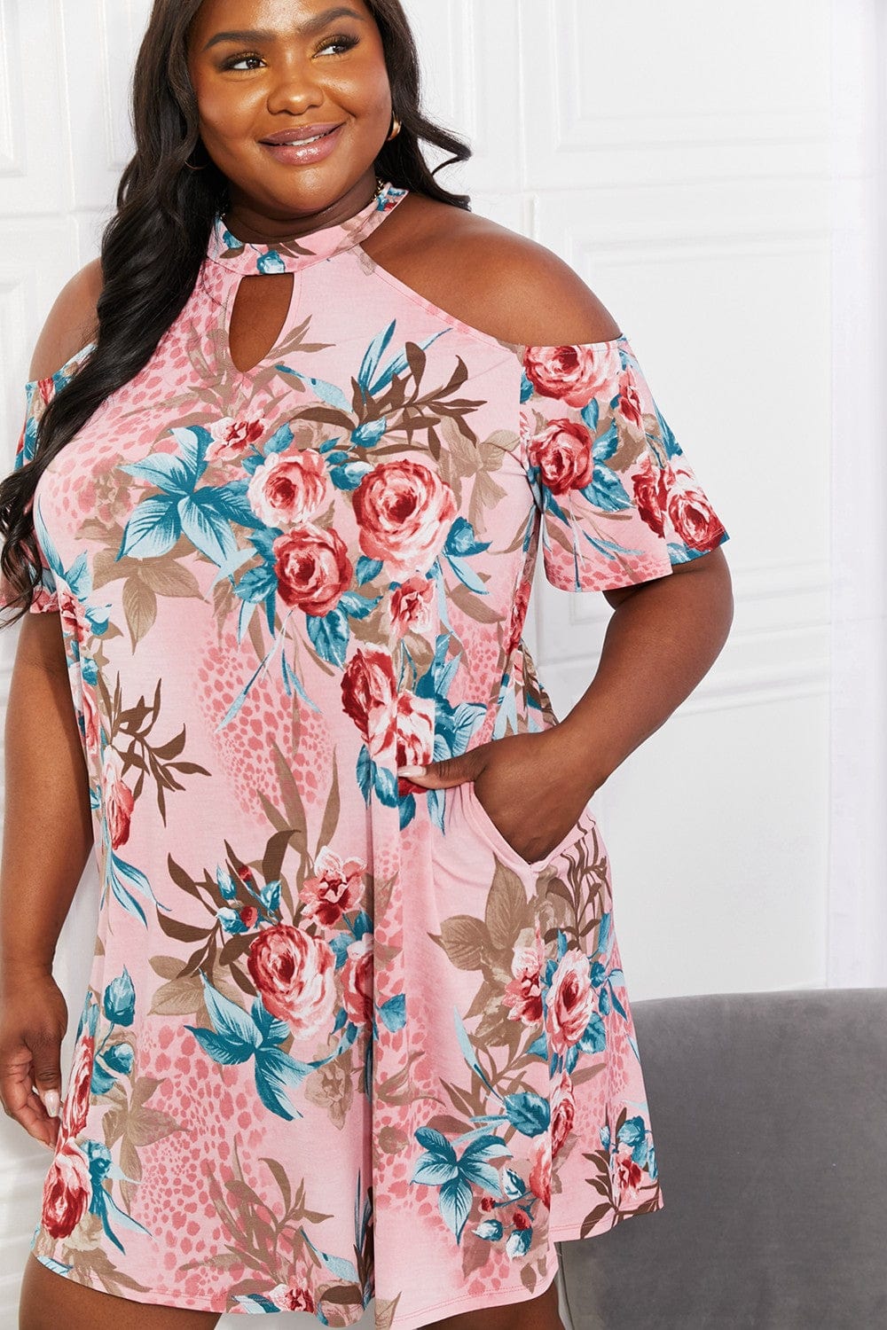 Trendsi Sew In Love Full Size Fresh-Cut Flowers Cold-Shoulder Dress Sew In Love Full Size Fresh-Cut Flowers Cold-Shoulder Dress