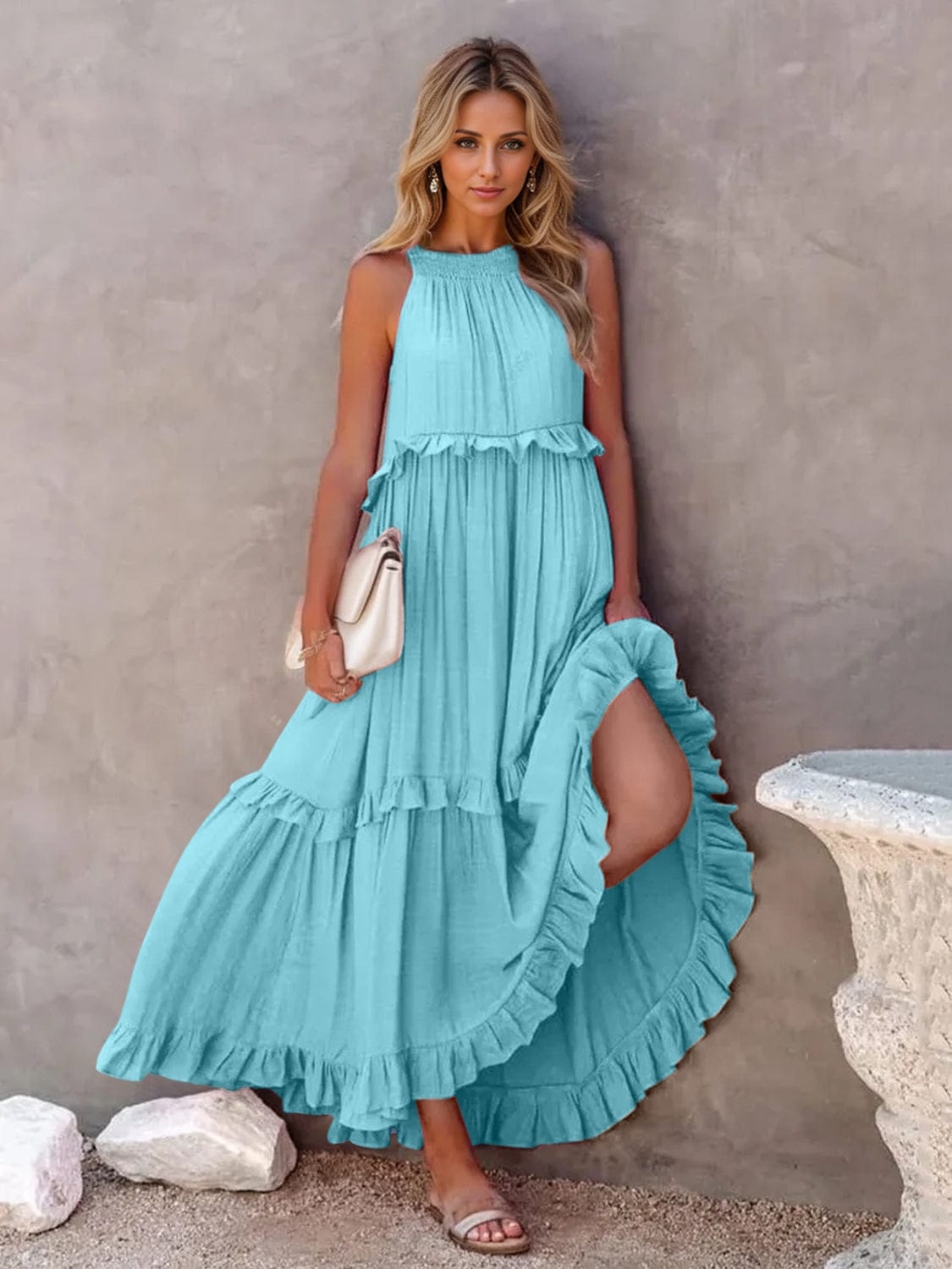 Trendsi Sky Blue / S Ruffled Sleeveless Tiered Maxi Dress with Pockets Ruffled Sleeveless Tiered Maxi Dress with Pockets