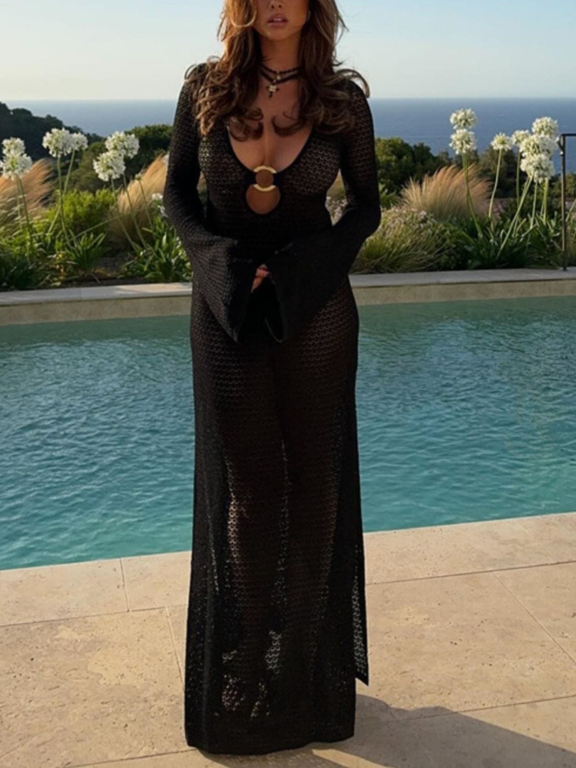 Trendsi Slit Plunge Flare Sleeve Cover-Up Dress Slit Plunge Flare Sleeve Cover-Up Dress