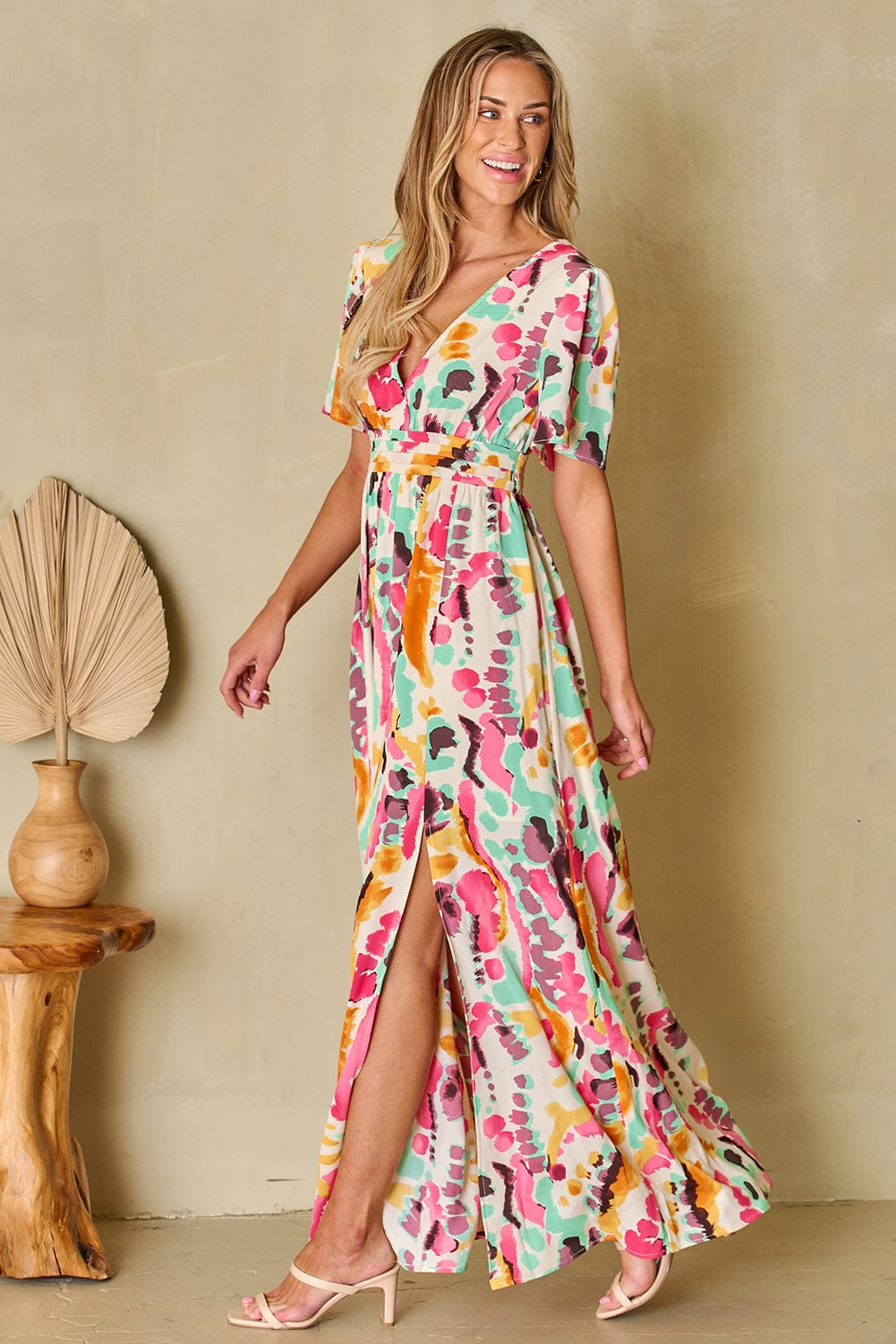 Trendsi Slit Printed Surplice Short Sleeve Maxi Dress Slit Printed Surplice Short Sleeve Maxi Dress