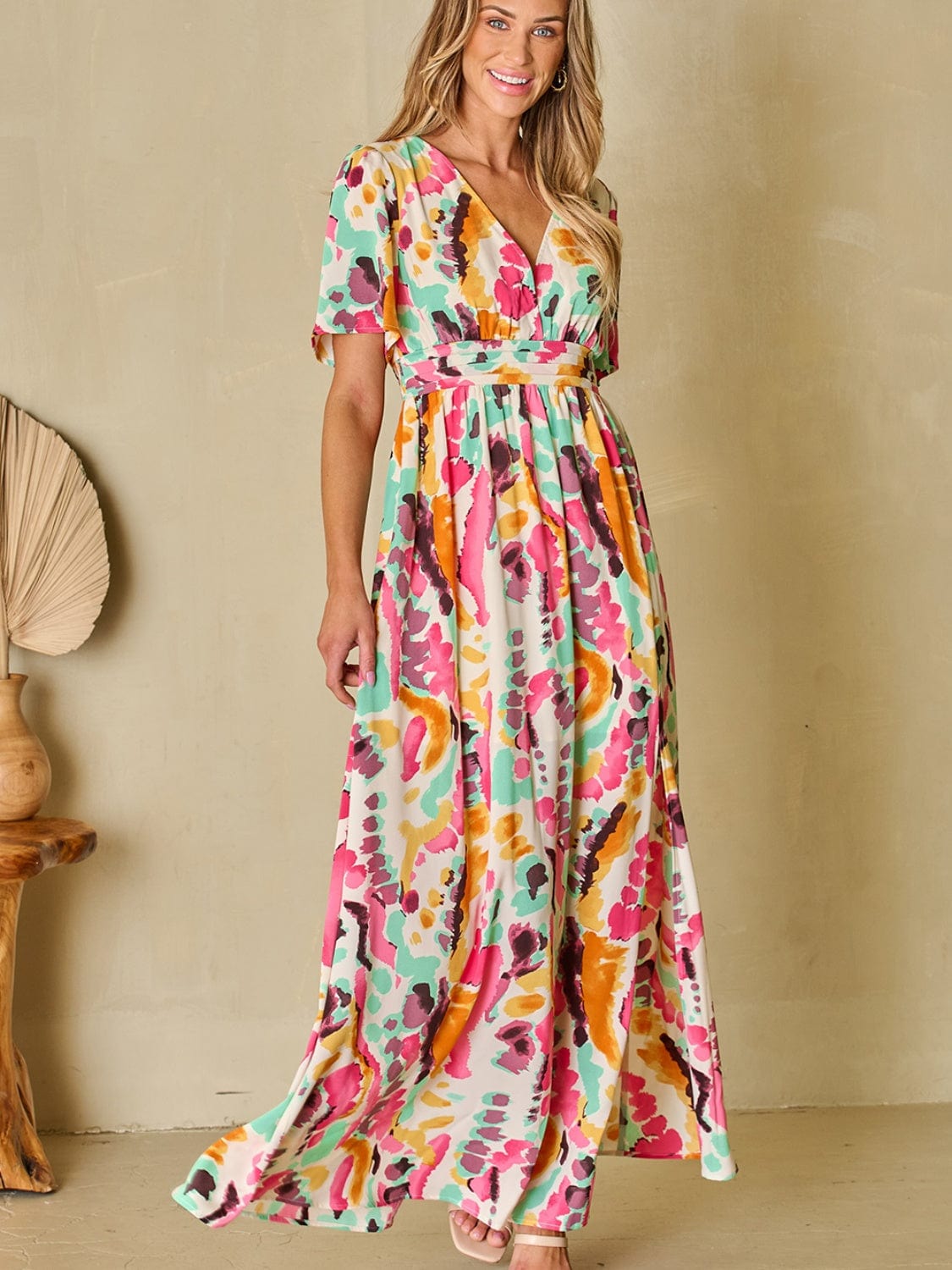 Trendsi Slit Printed Surplice Short Sleeve Maxi Dress Slit Printed Surplice Short Sleeve Maxi Dress