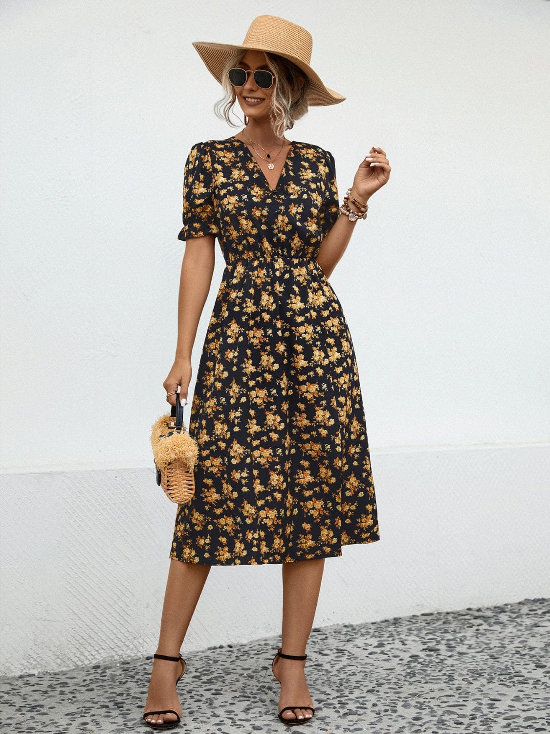 Trendsi Slit Printed V-Neck Short Sleeve Dress Slit Printed V-Neck Short Sleeve Dress