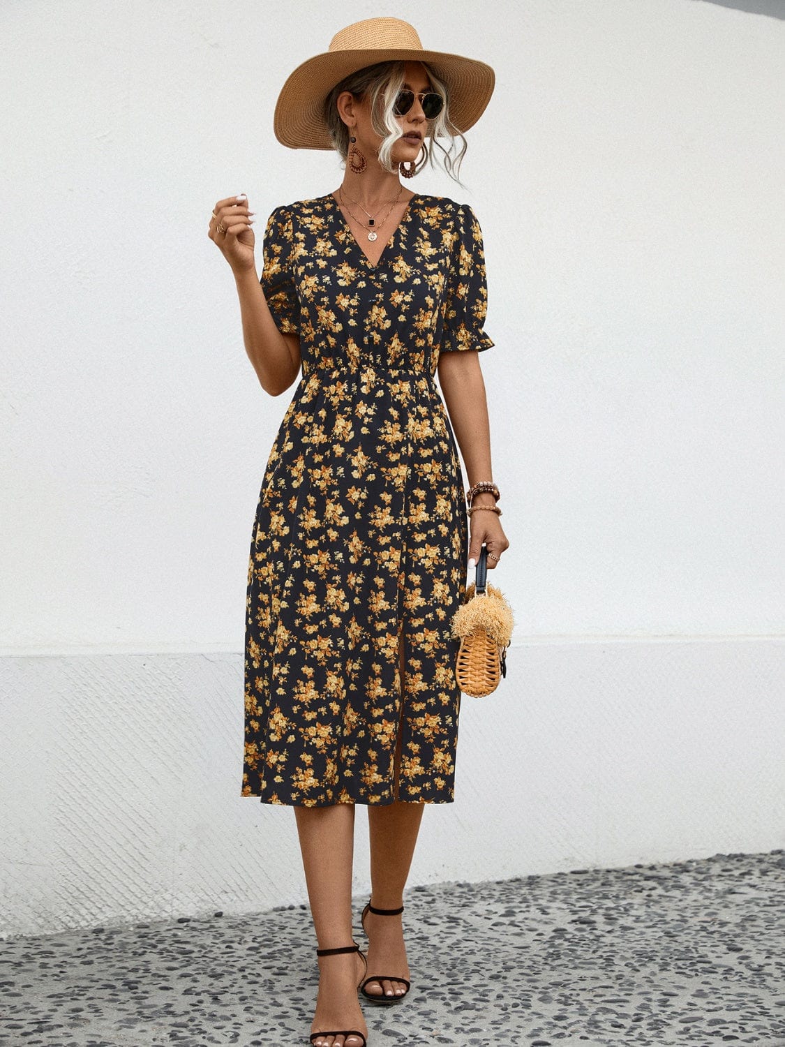 Trendsi Slit Printed V-Neck Short Sleeve Dress Slit Printed V-Neck Short Sleeve Dress