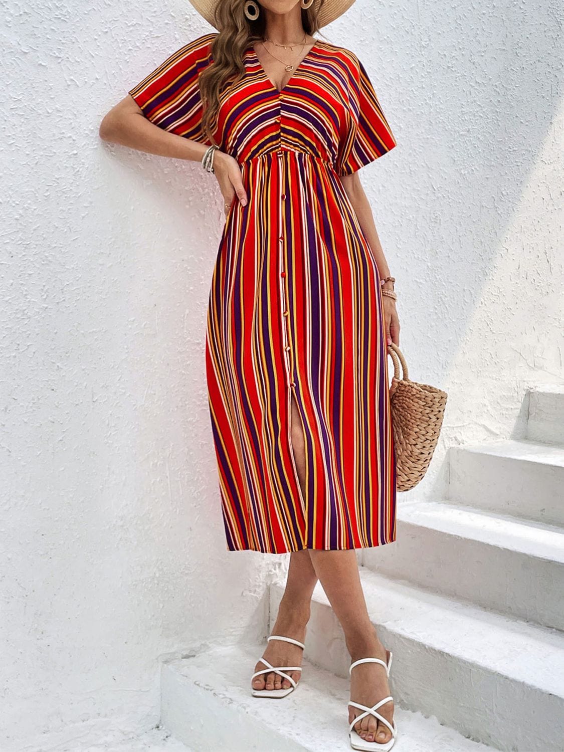 Trendsi Slit Striped V-Neck Short Sleeve Midi Dress Slit Striped V-Neck Short Sleeve Midi Dress