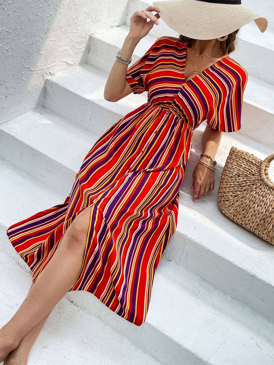 Trendsi Slit Striped V-Neck Short Sleeve Midi Dress Slit Striped V-Neck Short Sleeve Midi Dress