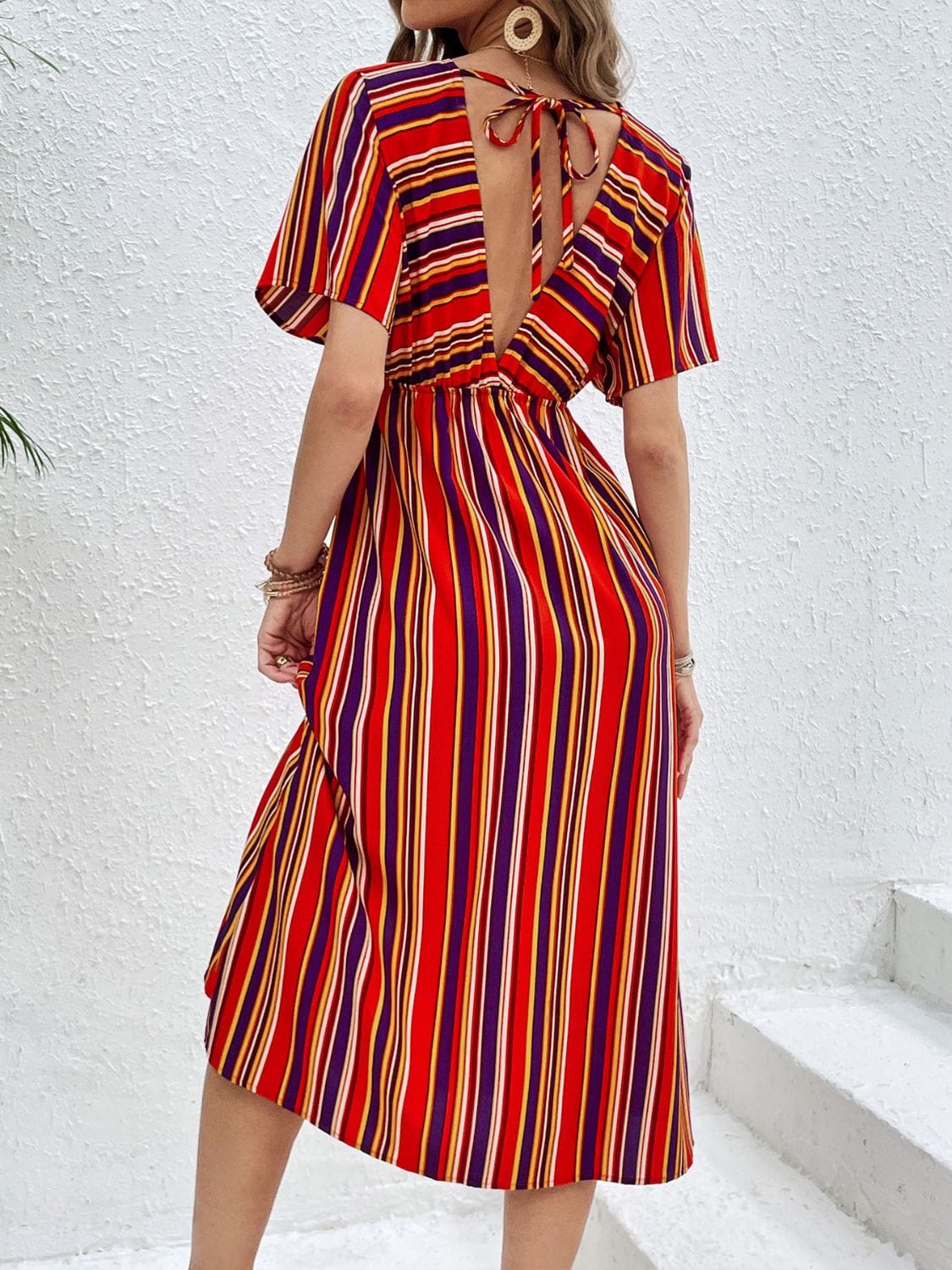 Trendsi Slit Striped V-Neck Short Sleeve Midi Dress Slit Striped V-Neck Short Sleeve Midi Dress