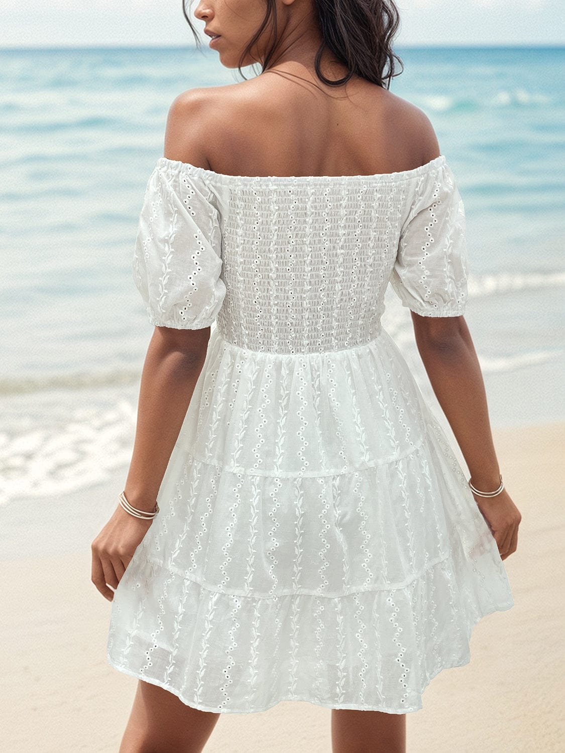Trendsi Smocked Eyelet Off-Shoulder Mini Dress Smocked Eyelet Off-Shoulder Mini Dress