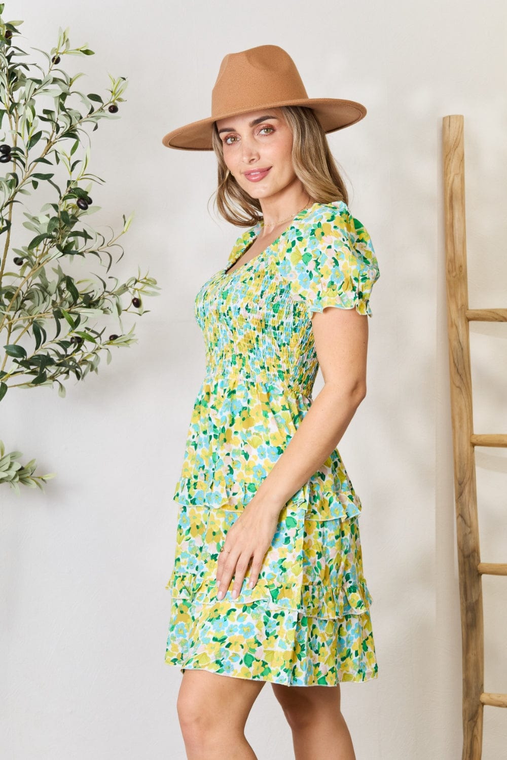 Trendsi Smocked Scoop Neck Flounce Sleeve Mini Dress Smocked Scoop Neck Flounce Sleeve Mini Dress