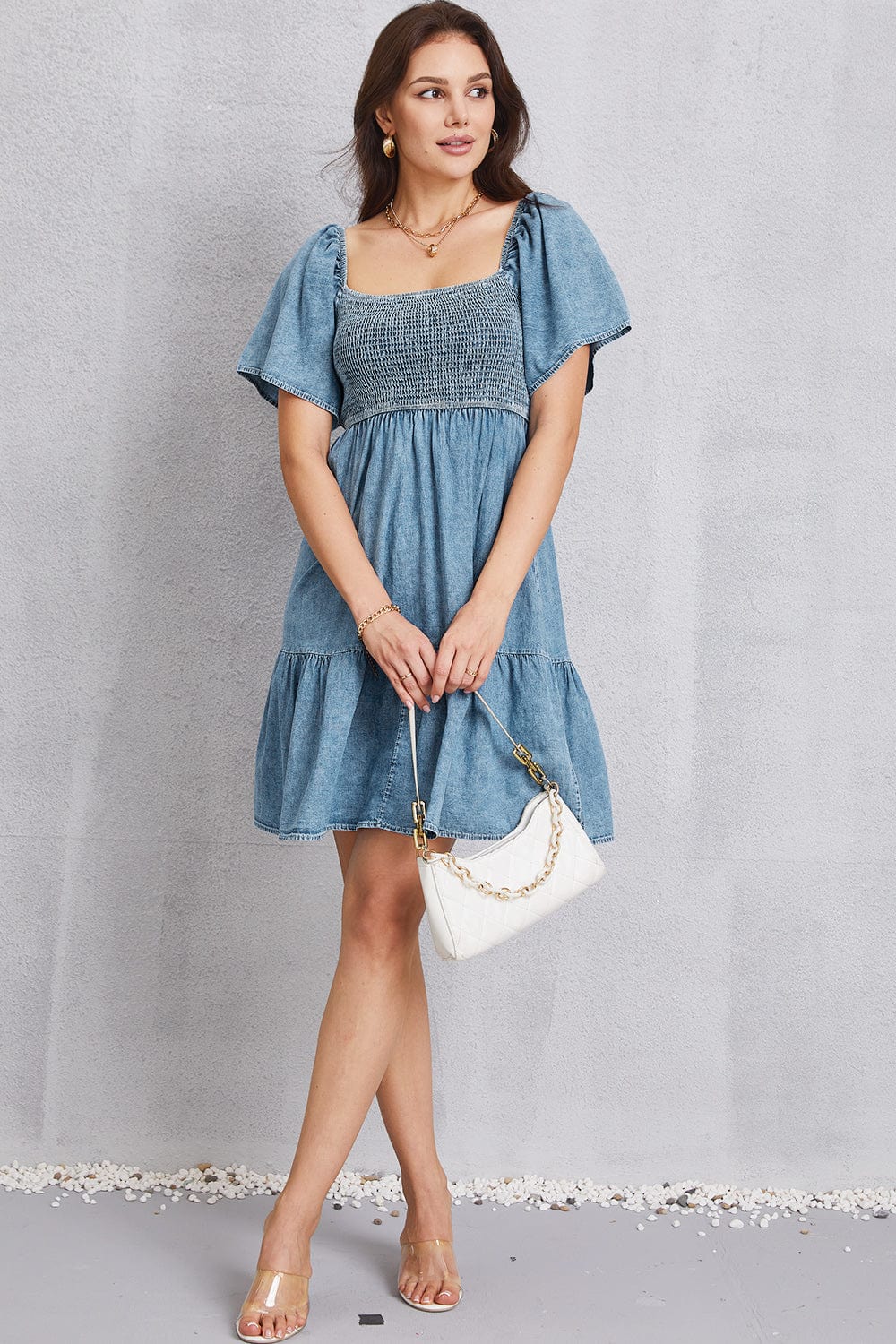 Trendsi Smocked Square Neck Mini Denim Dress Smocked Square Neck Mini Denim Dress