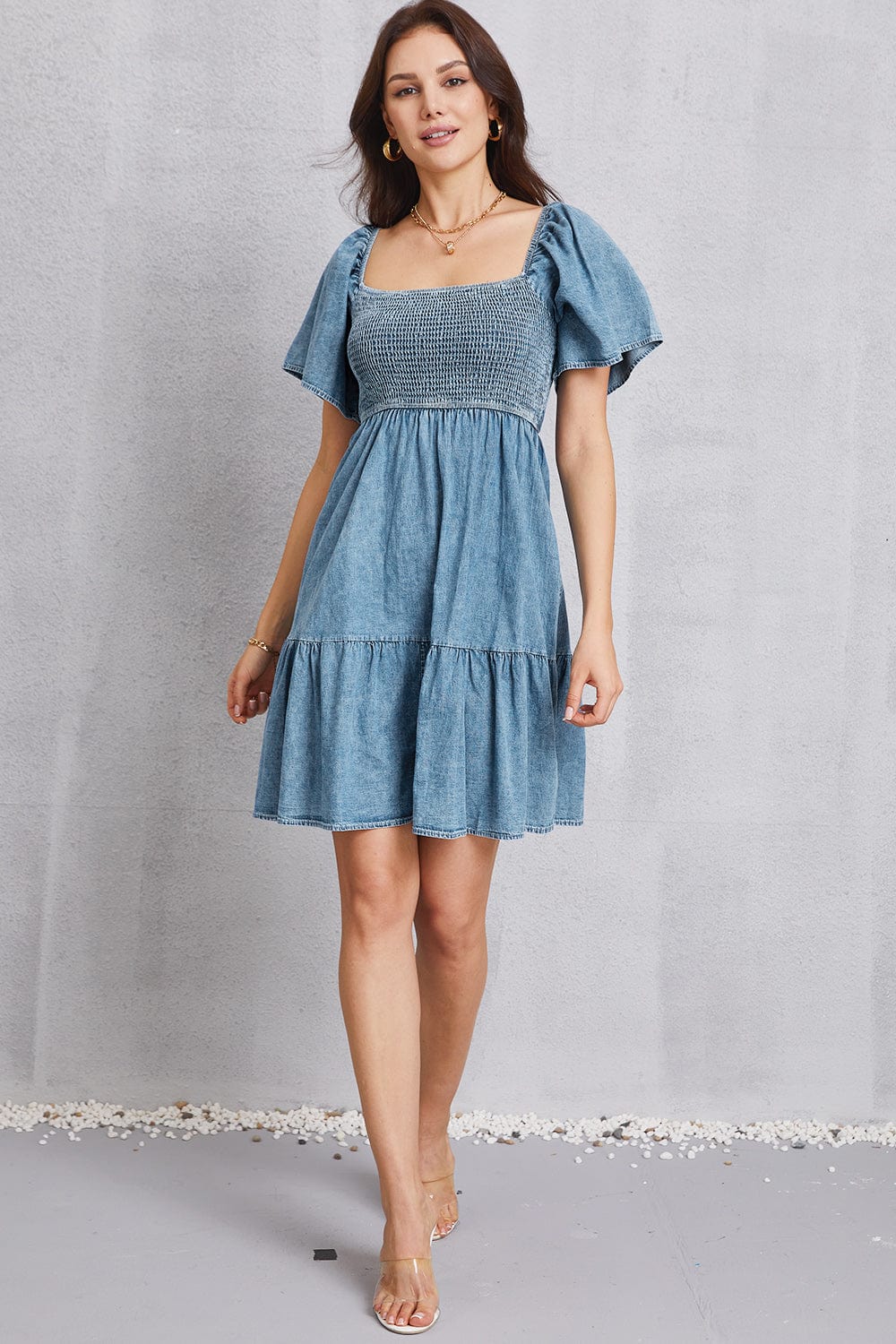 Trendsi Smocked Square Neck Mini Denim Dress Smocked Square Neck Mini Denim Dress