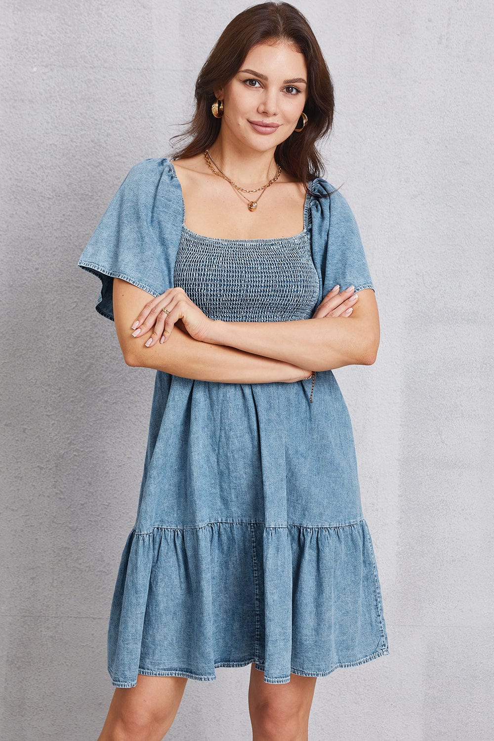 Trendsi Smocked Square Neck Mini Denim Dress Smocked Square Neck Mini Denim Dress